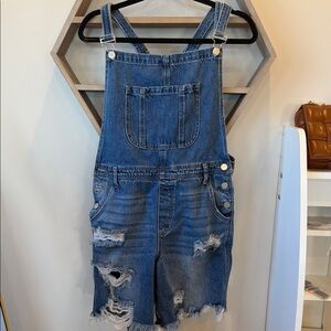Denim Distressed Overall Shorts